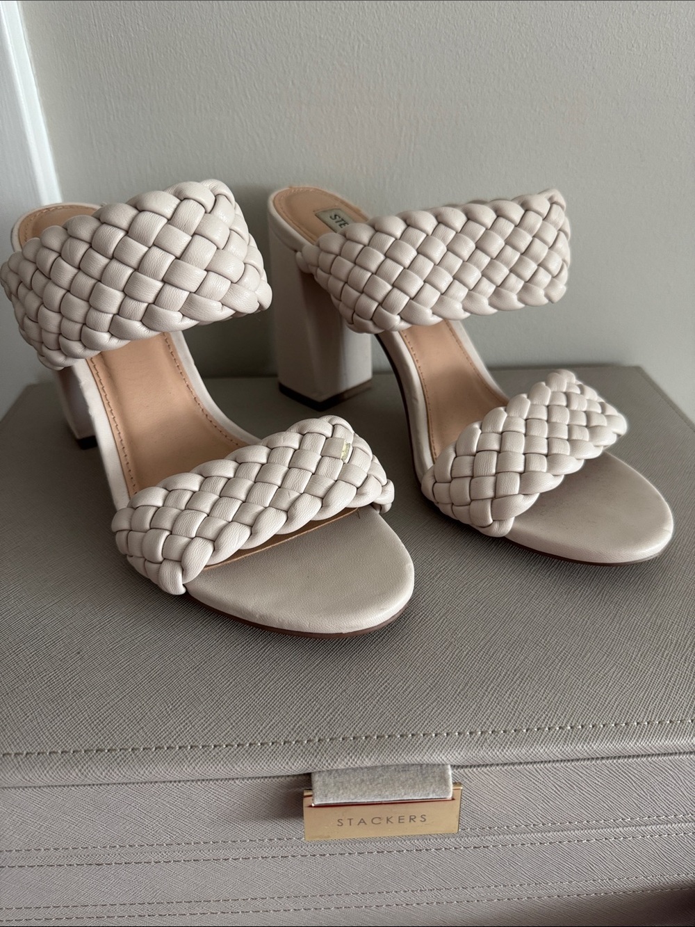Stylish Braided Block Heel Sandals - Cream - worn twice